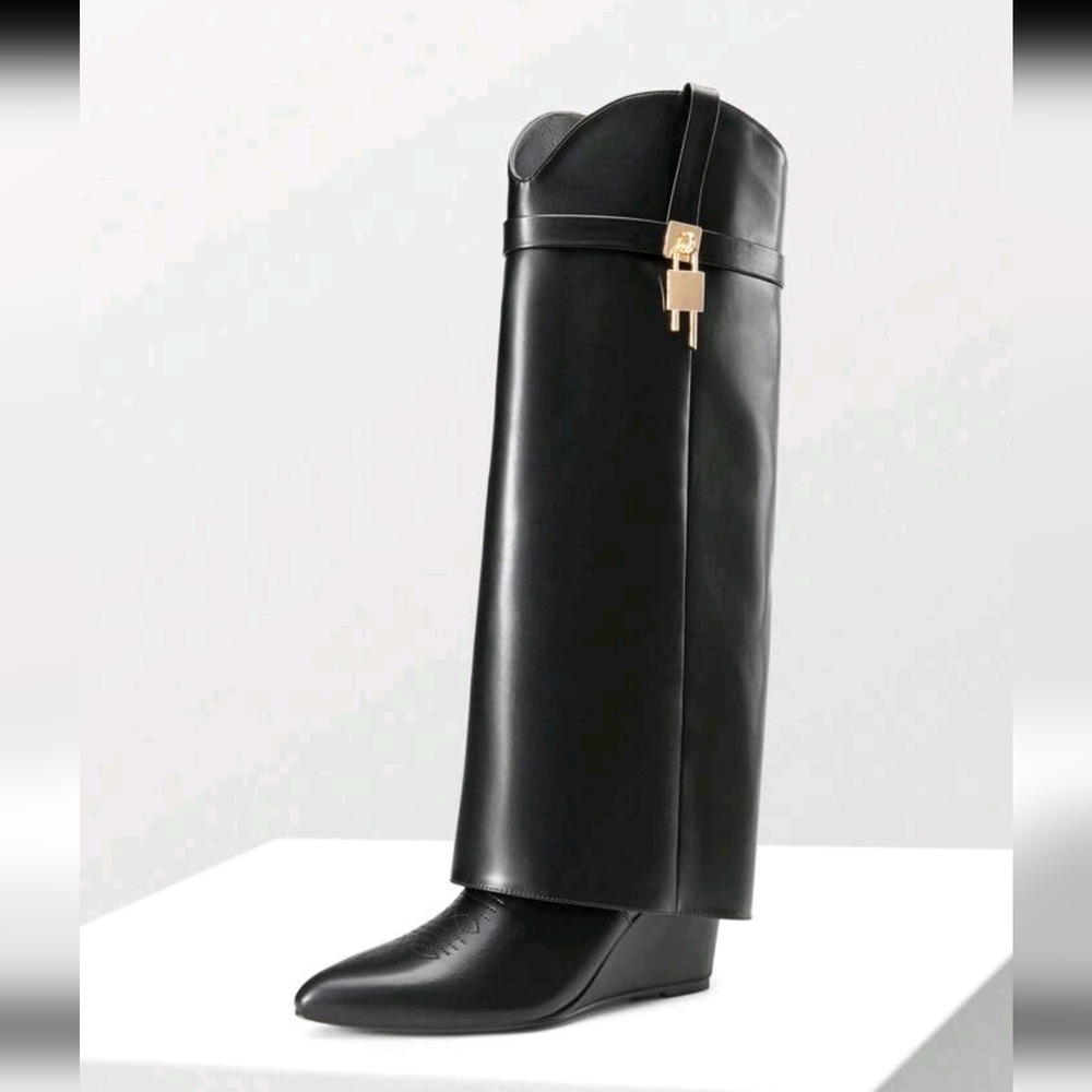 Women's Fold Over Pointed Toe Wedge Heels Knee High Boots Fashion Padlock Buckle - Picture 5 of 8